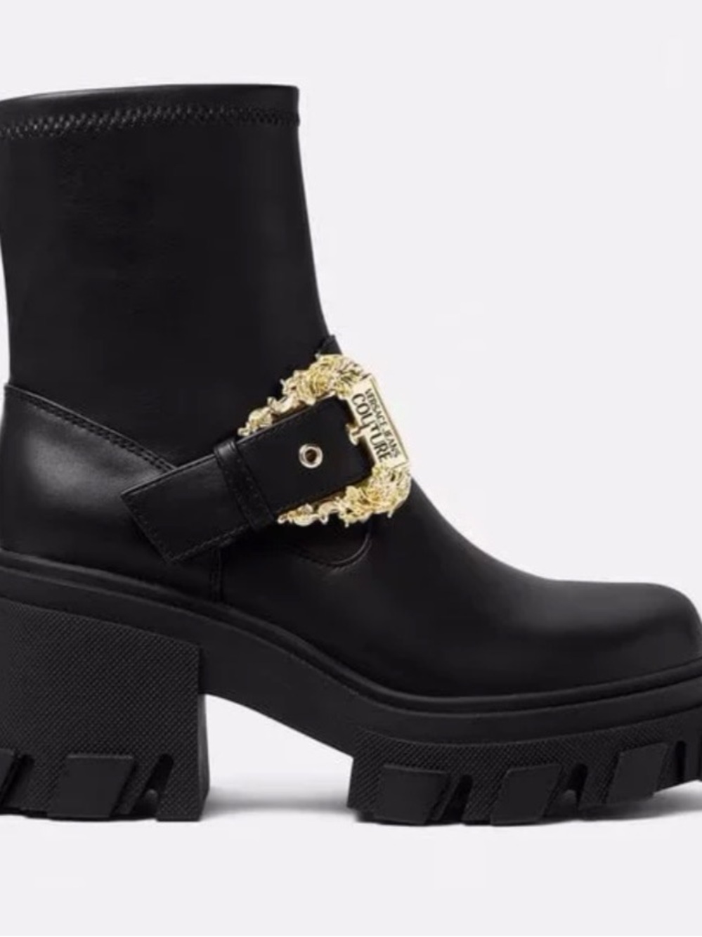 Versace Jeans Collection Black Leather Platform Lug-Boot with Gold Emblem